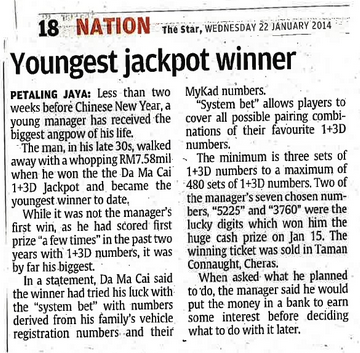 Malaysia 4D online betting Youngest jackpot winner