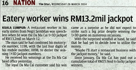 4D Result Eatery worker wins RM13.2mil jackpot
