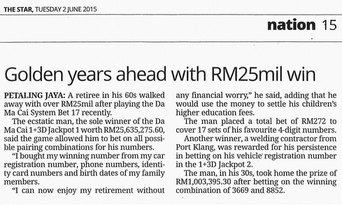 4D Result Golden years ahead with RM25mil win